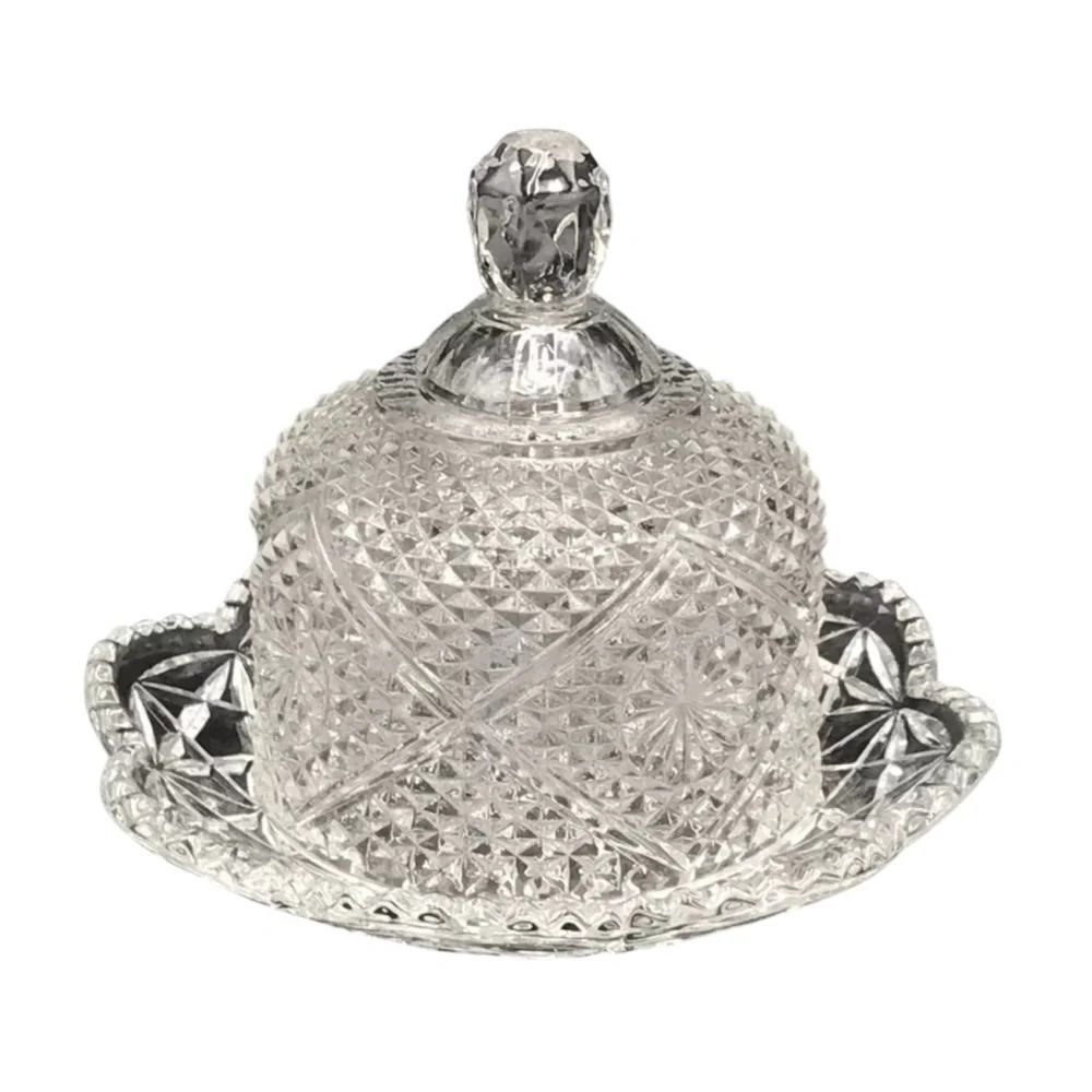 Avon Vintage Clear Patterned Glass Round Covered Butter Dish 1970’s
